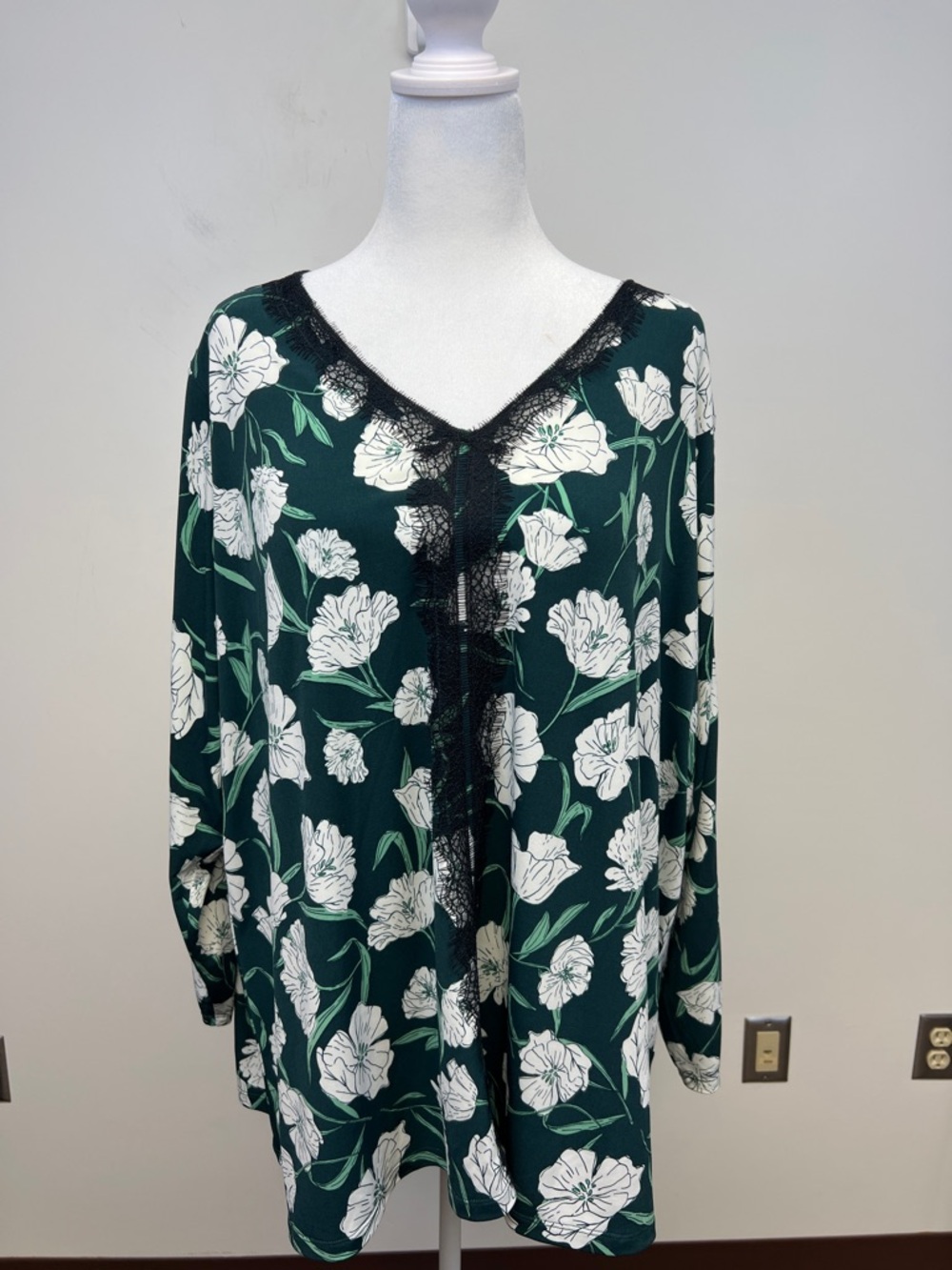 Jason Wu Dark Green Black White Floral Lace-Trim V Neck Long Sleeved Blouse 3x